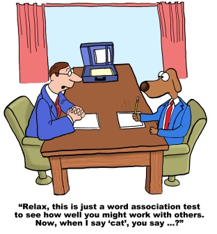 Cartoon of businessman dog taking personality test.